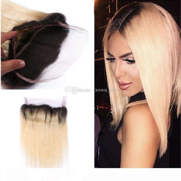 

brazilian ombre color 1b 613 straight human hair 360 full lace frontal closure with baby hair 360 lace band frontal bleached knots, Black;brown