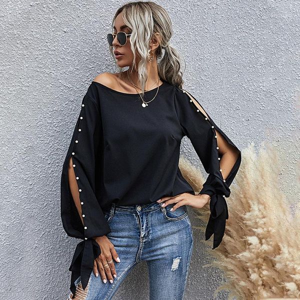 

pearl shirt women hollow out around collar knot sleeve blouse loose summer autumn 2020 casual chic vestidos shirts 1, White