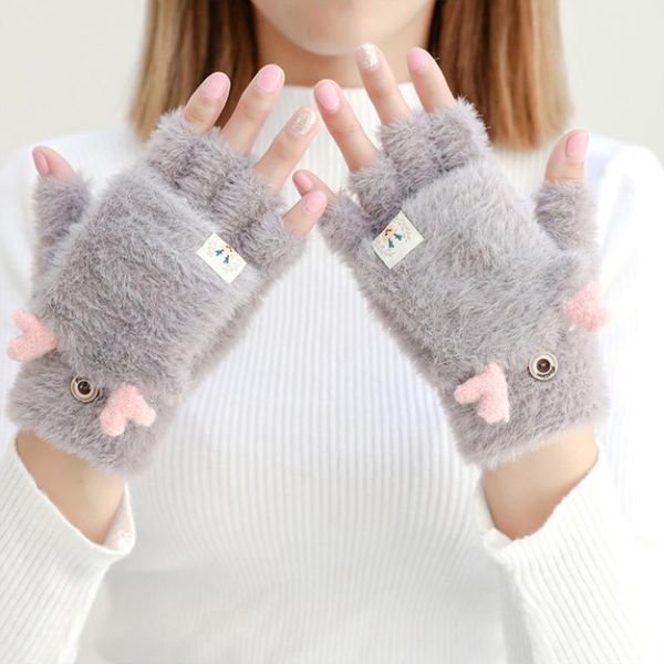 

five fingers gloves women' half finger plus velvet cute antlers flip female winter chic sport cycling knitted glove for girl, Blue;gray