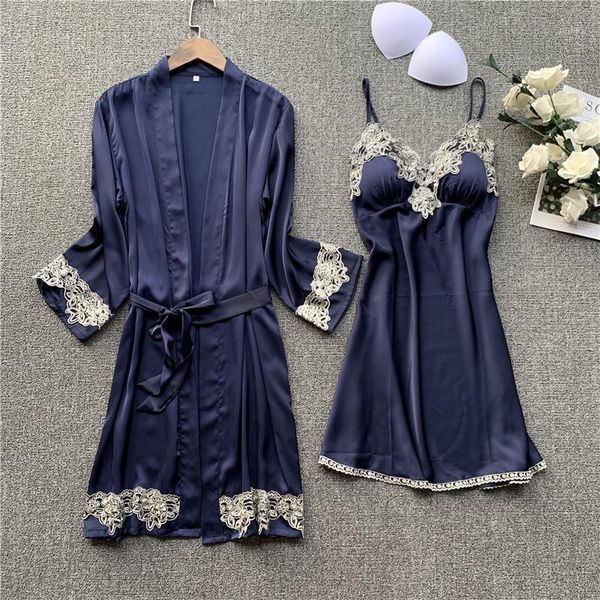 

women's robe & gown sets lace bathrobe + night dress 2 pieces sleepwear womens sleep set silk robe femme lingerie1, Black;red
