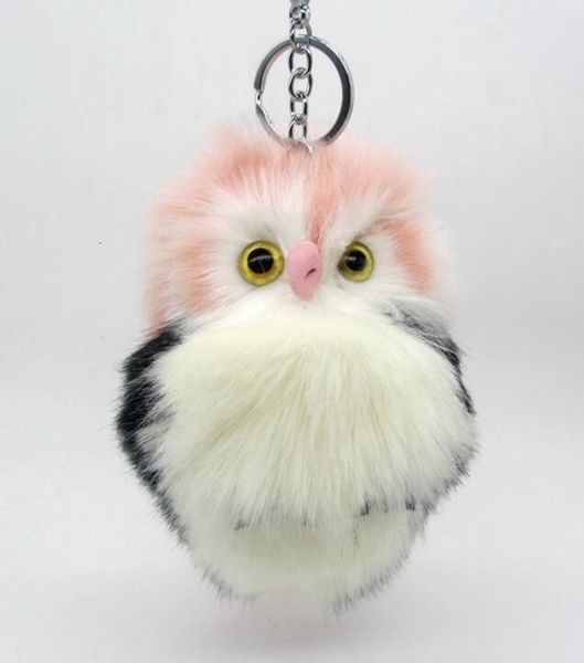 

factorycyc0pendant 15cm cute fluffy owl keychain women & ring holder faux bunny rabbit fur pompoms key chains for handba, Silver