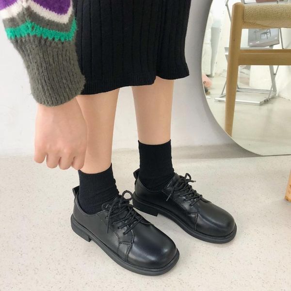 

новая весенняя повседневная обувь для женщин сплошной кожа оксфордская обувь женщина квартиры толстая нижняя платформа зашнуровать запатос д, Black