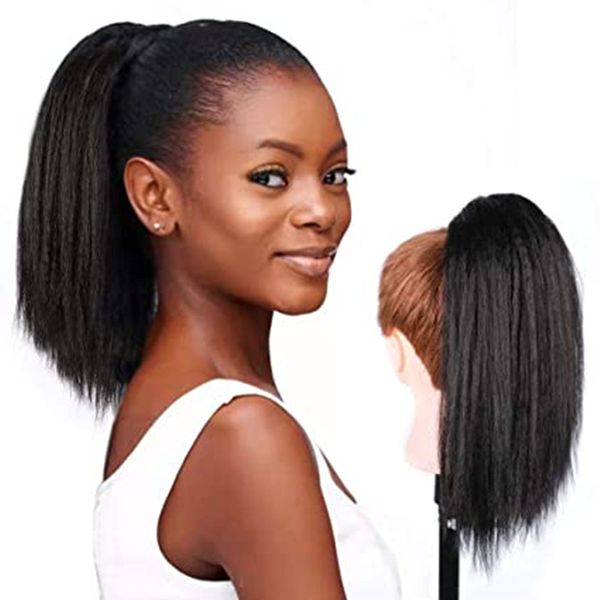 

12inch kinky straight human hair ponytail extension wrap around kinkys straight clip in yaki coarse pony tail hairpiece 120g, Black