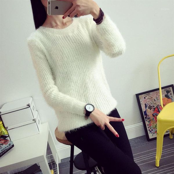 

2020 women candy colors sweaters fashion autumn winter warm mohair o-neck pullover long sleeve casual loose sweater knitted 1, White;black