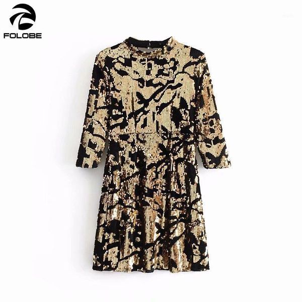

folobe fashion women spring gold sequined short dresses female backless three quarter sleeve shiny autumn party dresses1, Black;gray