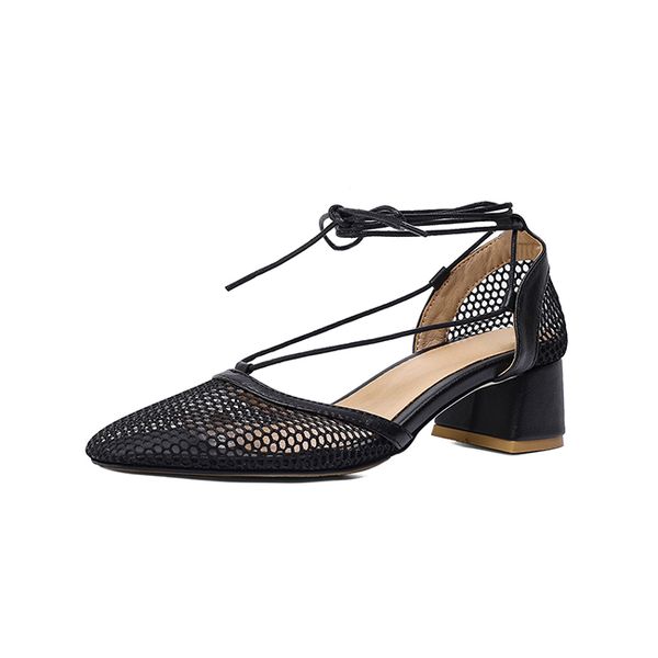 

2021 the new comfortable casual style square toe summertime sandals mesh knitted ankle brace medium black leg with thick women's shoes