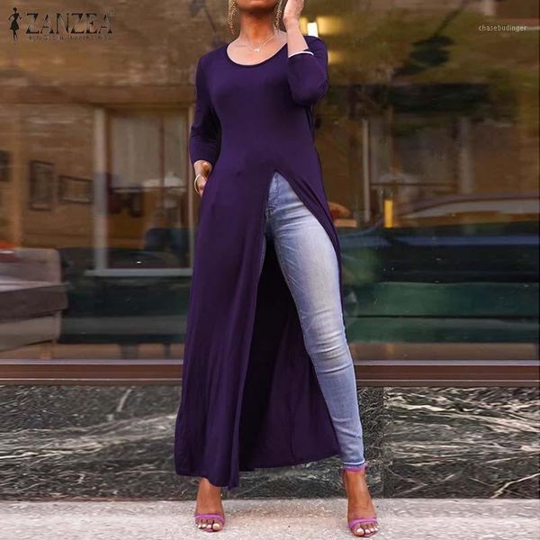 

zanzea women and blouses 2019 fashion high split long shirts 3/4 sleeve tunic blusas femininas casual side pockets shirt1, White