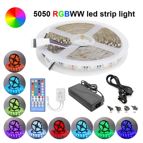 

2021 new 5m strip light rgbw 4in1 chip smd 5050 lights dc12v rgb led tape diode ribbon flexible remote control + power adapter 75bl