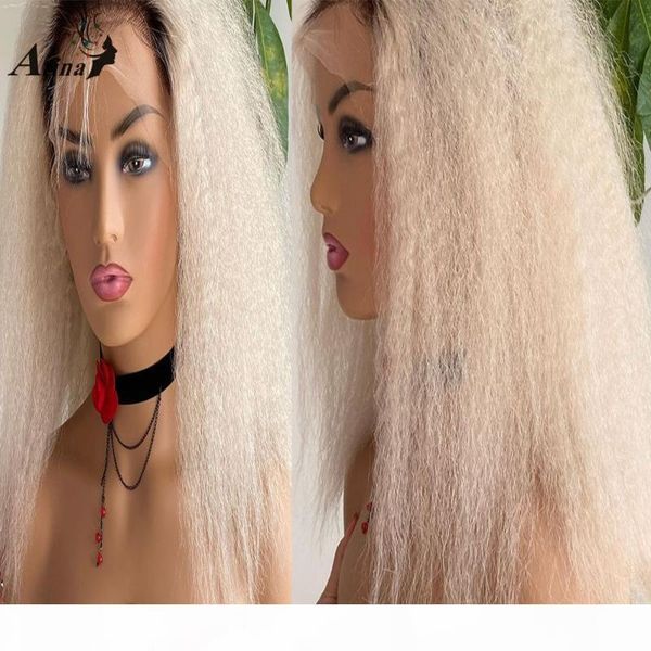 

613 kinky straight human hair wig preplucked hd transparent glueless bleack knots remy lace front wigs for black women closure, Black;brown
