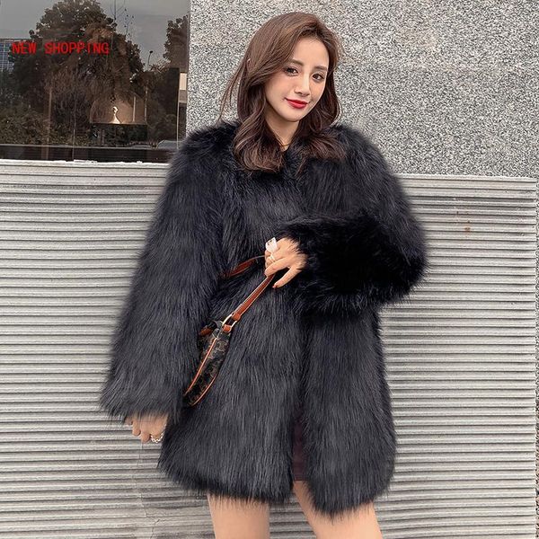 

women's fur & faux chic fashion winter warm luxury mink coat fluffy natural jacket elegant thick teddy coats outerwear chaquetas mujer, Black