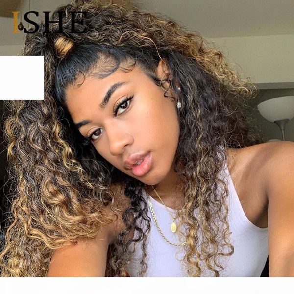 

honey blonde colored 13x6 lace front human hair wigs curly ombre brown human hair wig for black women pre plucked 150 remy ishe