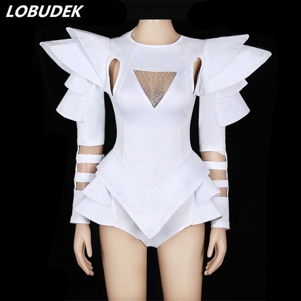 

white hollow out bodysuit tide singer star stage costume sparkly crystal jumpsuit dance team jazz hip hop show stage outfit y200904, Black;white