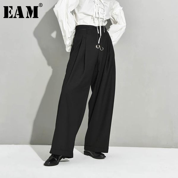 

[eam] high waist black pleated bandage long wide leg trousers new loose fit pants women fashion tide spring autumn jx39901 201111, Black;white
