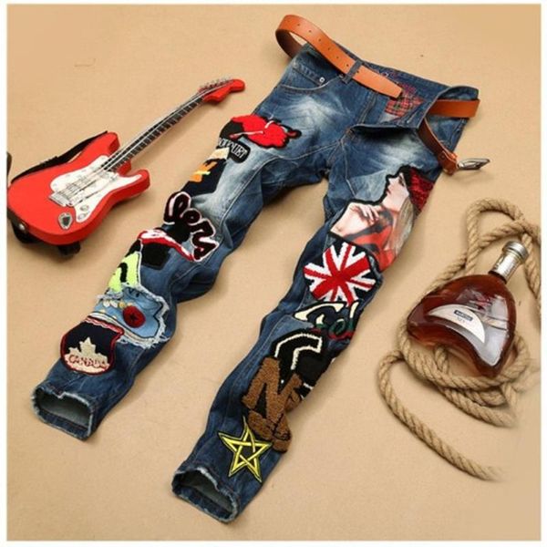 

slim embroidery beauty badge brand hop men hip jeans fit fashion biker ripped jeans denim personality patch casual pants gkmnp, Black