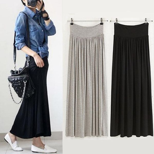

women long pleated skirts summer autumn elastic high waist modal skirt female big swing maxi skirt saia plus size 587, Black
