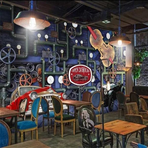 

european retro industrial wind pipes car gear mural wall paper for restaurant bar cafe industrial decor background wallpaper 3d1