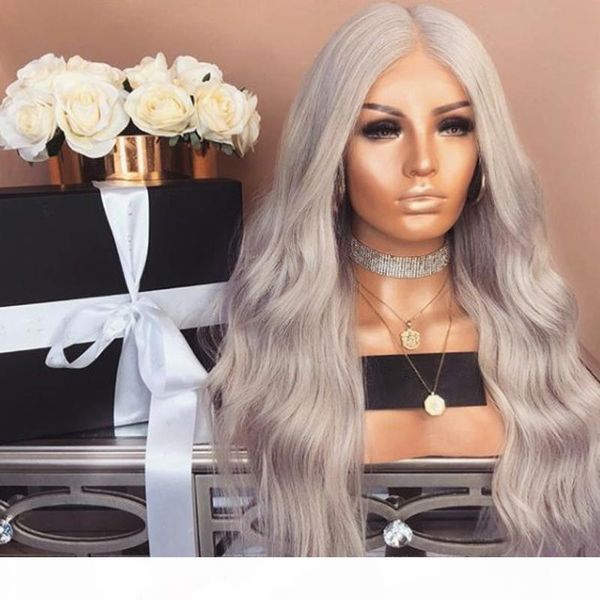 

hand tied 360 lace frontal silver grey color wig 180 density heat resistant water wave synthetic lace front wigs for women natural hairline, Black