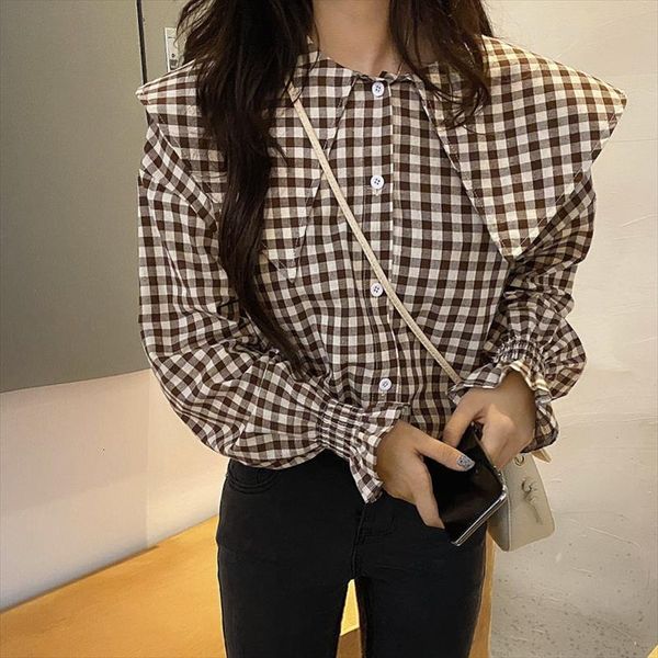 

2021 plaid fresh women autumn shirts chic vintage new stylish gentle geometric all match retro blouses, White