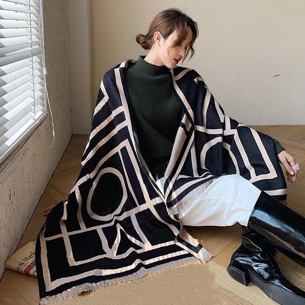 

scarves 2021 luxury striped winter scarf women cashmere bandana warm thickened scarfs vintage foulard long shawl female, Blue;gray