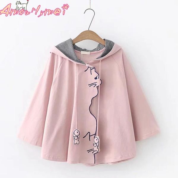 

autumn women jacket japanese style mori girl kawaii cat embroidery loose batwing sleeve cape hooded coat female outerwear, Black;brown