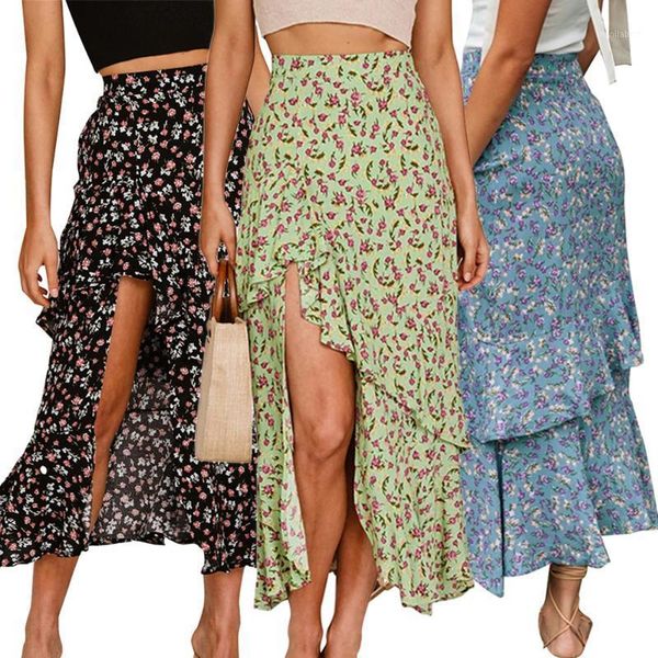 

classic vintage floral print skirt women 2020 summer boho high waist split skirt for beach party mujer d301, Black