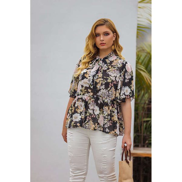 

wind wear spring 2020 new style versatile slim women's lotus leaf bow chiffon shirt short sleeve, Black;gray