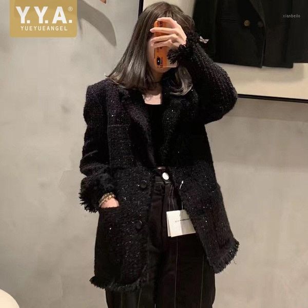 

women clothes autumn loose fit tweed suit coat office ladies vintage black jacket single breasted pockets lapel winter outerwear1, Black;brown