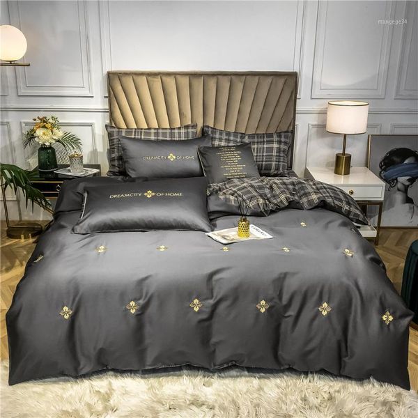 

4pcs solid color bedding sheets grey green yellow blue duvet cover set gold flower embroidered ropa de cama satin linens king1