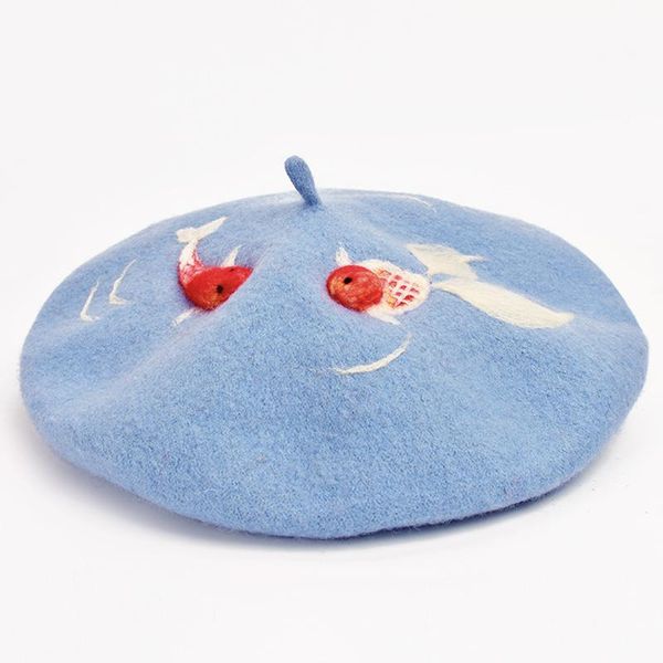 

cute goldfish berets princess sweet lolita hat vintage handmade fish hat real woolen warm autumn beret manual wool felt beret, Black;white