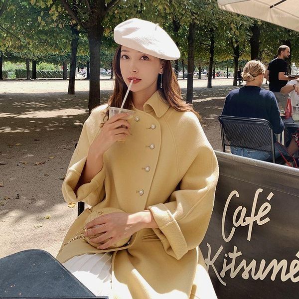 

women 2020 fashion autumn winter design sense single breasted coat female solid color woolen outwear ladies loose overcoats l531, Black