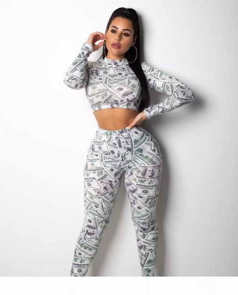 

dollars money printing tracksuit women crop long sleeve shirt + pants suit club pencil two-piece set, Gray