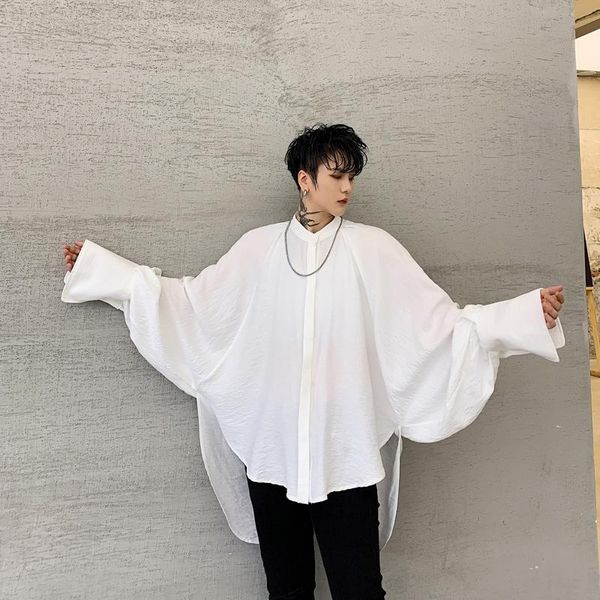 

men's casual shirts 2021 spring and autumn japanese niche deconstruction design silhouette bat sleeve long shirt black / white s-xl, White;black
