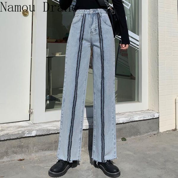 

2020 new spring jeans for women vintage washed jeans loose high waist wide leg pants fashion striped straight pants female1, Blue