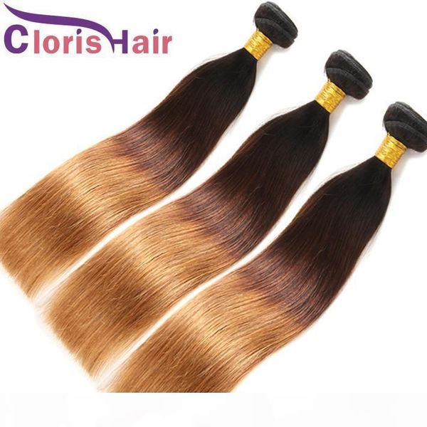 

raw indian straight weaves blonde ombre human hair bundles unprocessed three tone brown blonde virgin hair extensions 1b 4 30 sales, Black