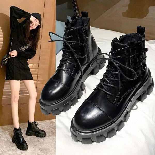 

winter zipper boots thicken ankle boots women platform pu leather combat lace up woman shoes botas mujer 2020 #5w30, Black