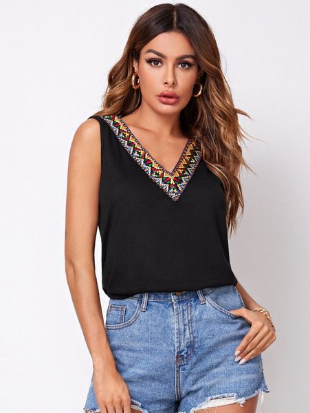 

v-neck aztec tape detail tank 70nl#, White