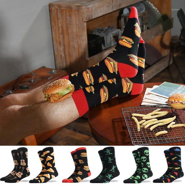 

men's socks funny big size alien delicious print colorful snacks burger pizza happy socks harajuku skate cotton sokken1, Black