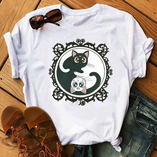 

sailor moon 90s funny t shirt harajuku women tshirt aesthetic cat anime women cute female t shirt kawaii tees fashion, White