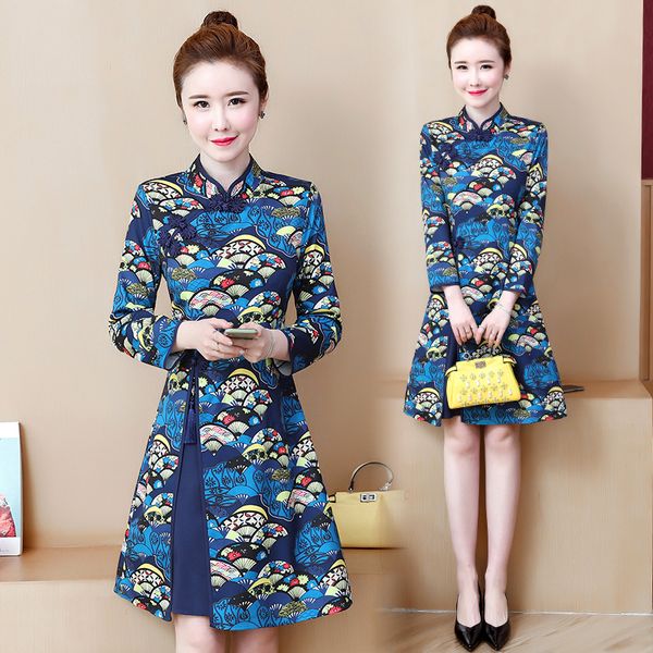 

womens cheongsam plus size dressed chinese 2021 long sleeve floral impression casual meager party dress vintage j3mq, Black;gray