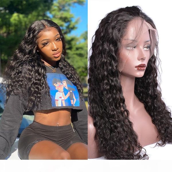 

indian 24 inch long human hair lace front wigs for black women water wave wig 13 by 4 splicing wig 150% density, Black;brown