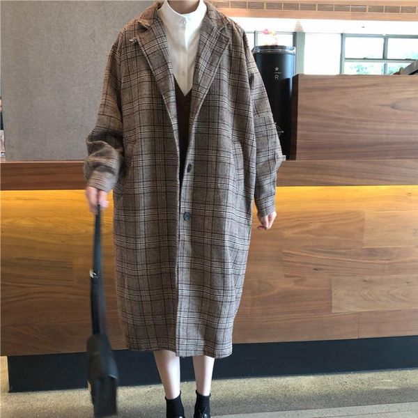 

vintage plaid oversized women's wollen coat single breasted tailored collar pocket long thick warm female outwear winter 1201dh, Black