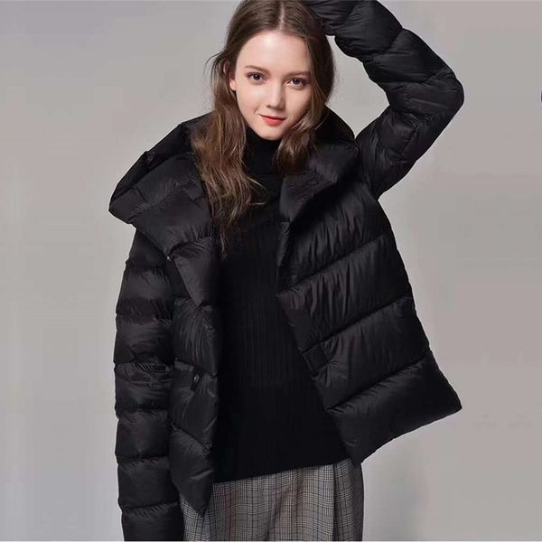

2020 new winter short coat women ultra light 90% white duck down jacket parka loose warm hooded overcoat long sleeve outerwear c1204, Black
