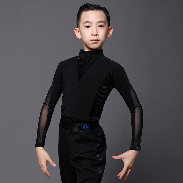 

stage wear fashion latin dance costumes for boys black long sleeve shirts bodysuit ballroom dancing clothes competition dress dn7115, Black;red