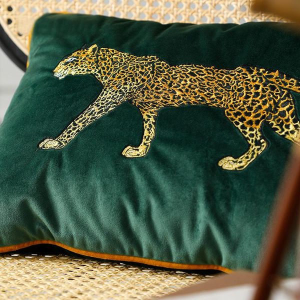 

cheetah embroidery pillow case cushion cover velvet jungle cojines decorativos para sofa green throw pillows cushions coussin