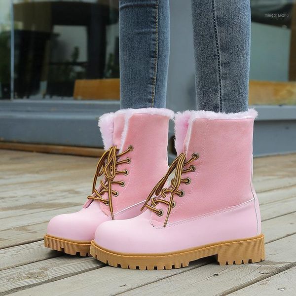 

boots snow women shoes winter plush fur keep warm lace up low heels platform ladies ankle zapatos mujer1, Black