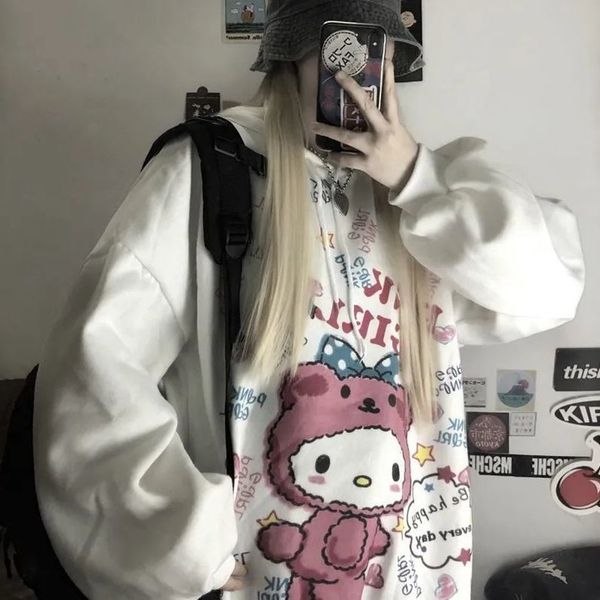 

houzhou anime autumn kawaii fashion sweatshirt women korean long sleeve print vintage oversized cute hoodie q1219, Black;white