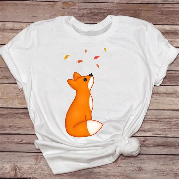 

women t shirts cartoon style trend girl casual 90s cute fox animal ladies print graphic t lady shirt female tee shirt, White