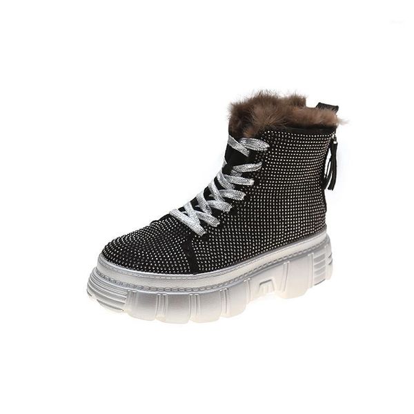 

boots all-match full-drilled women's hairy mouth platform snow 2021 short women lace casual1, Black