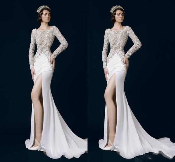 

vintage long sleeves appliques wedding dresses front split sheath sweep train boho beach wedding gowns vestido de novia, White