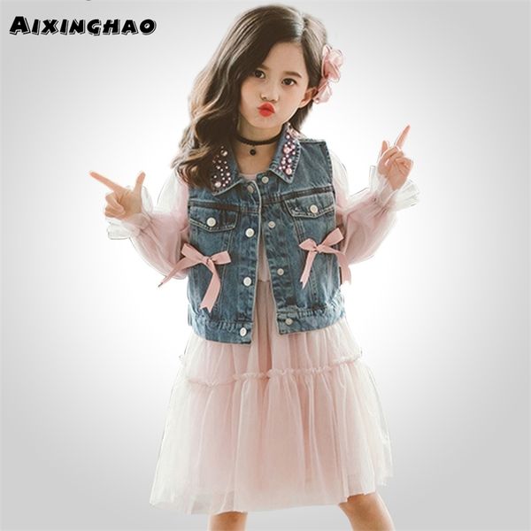 

girls clothes suit pearl neck denim vest + mesh dress 2pcs girl set clothes teenage children clothing 6 8 10 12 13 14 year y200325, White